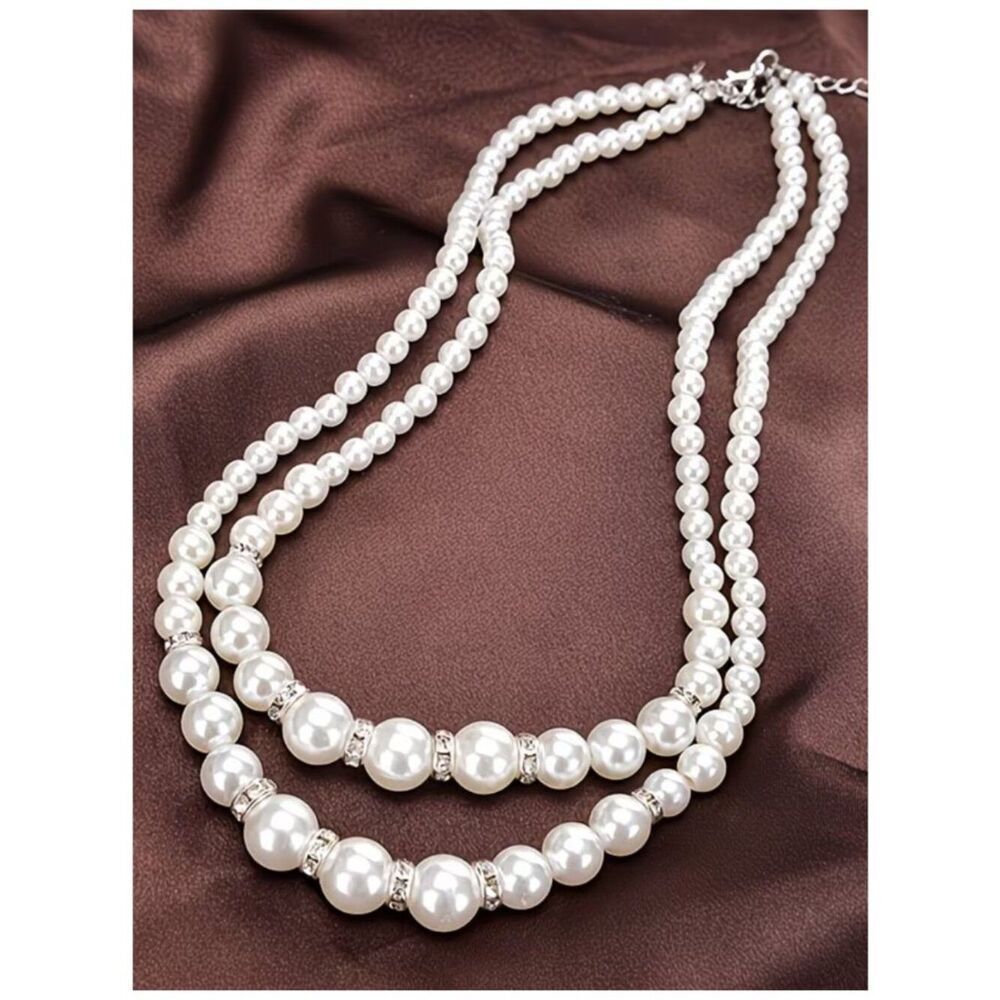 NWT Faux Pearl Double Layer Necklace Rhinestone Spacer Choker Statement Bridal